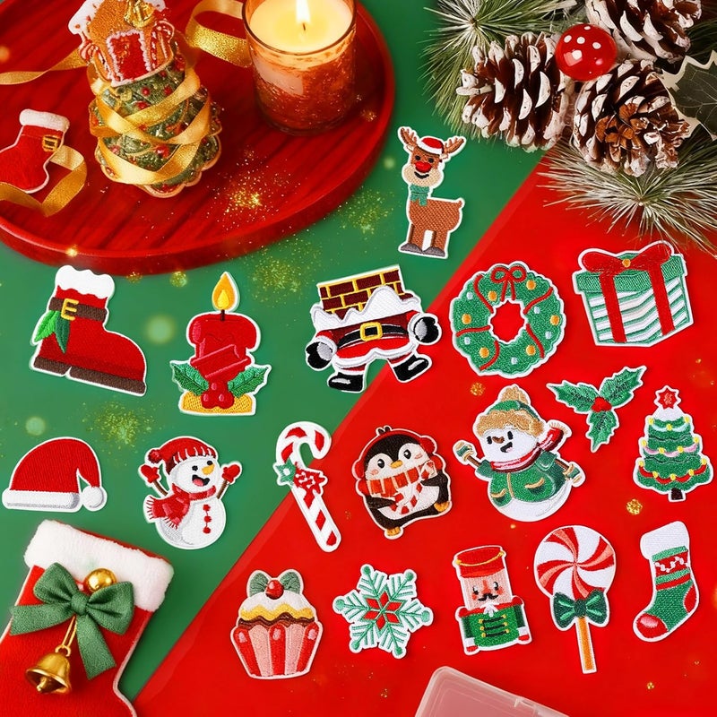 FOGWOWO 25 Pcs Green Red Christmas Patches Christmas Iron on Patches Stickers for Clothing Embroidered Applique Sew on Patch Xmas Tree Snowman Snowflake Stick on Patches for Backpacks Hats Bags DIY Decor - Image 2